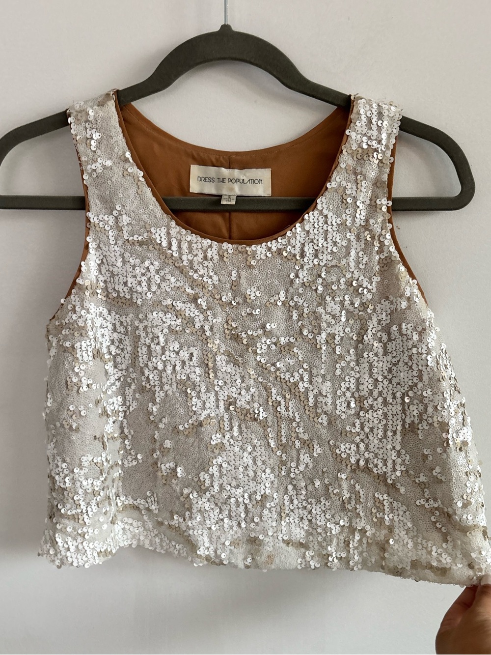Women’s Neutral Ivory Sequin Sleeveless Crop Top- Dress the Population- Small